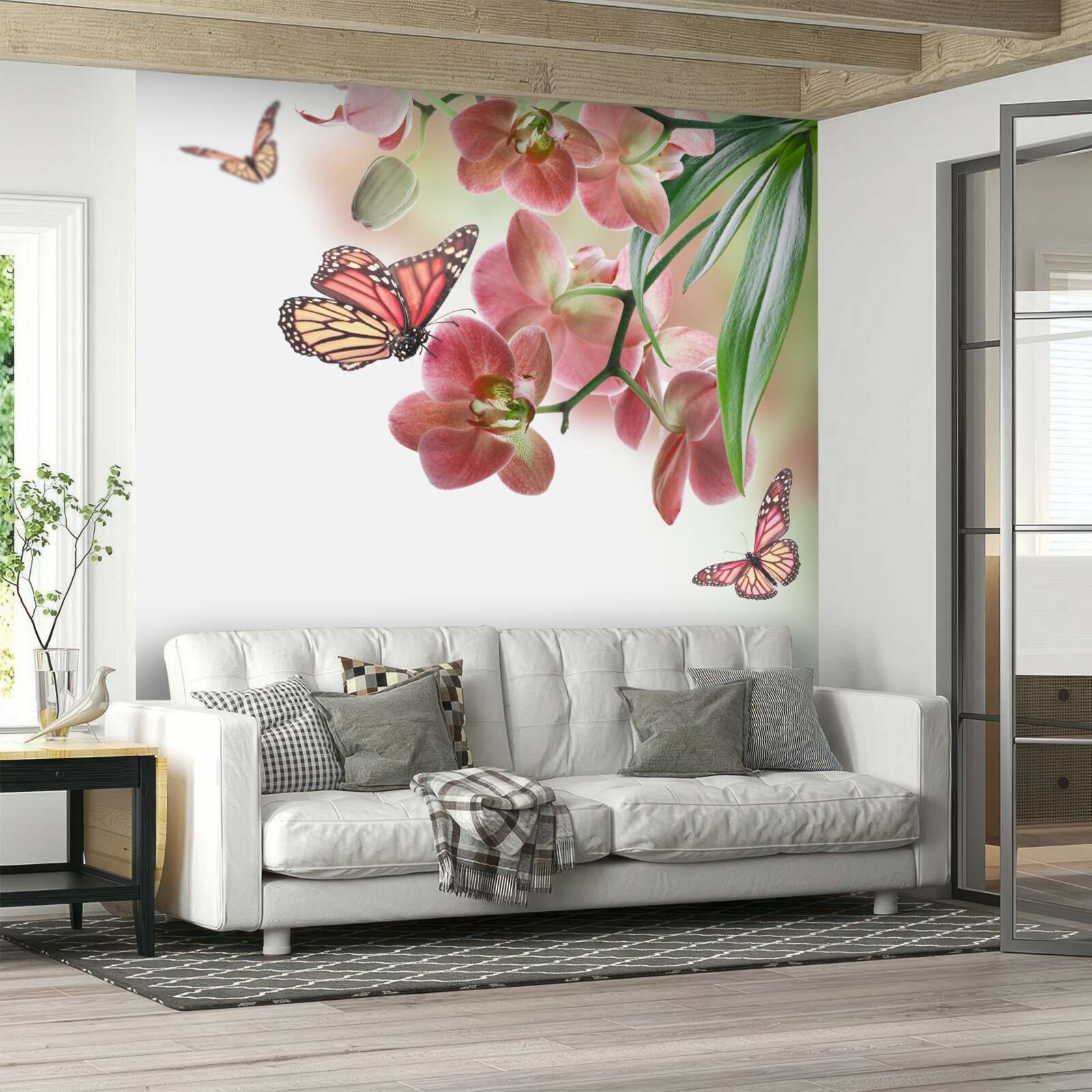 Фотошпалери метелики літають над квітучими квітковими бруньками