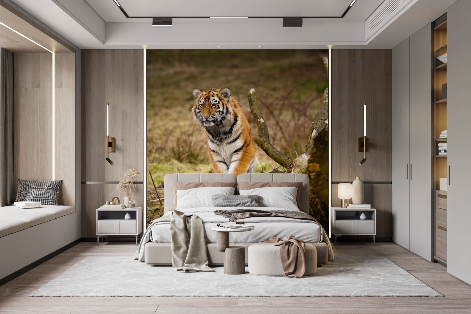 Фотошпалери тигр сидить на гілці і чекає на здобич