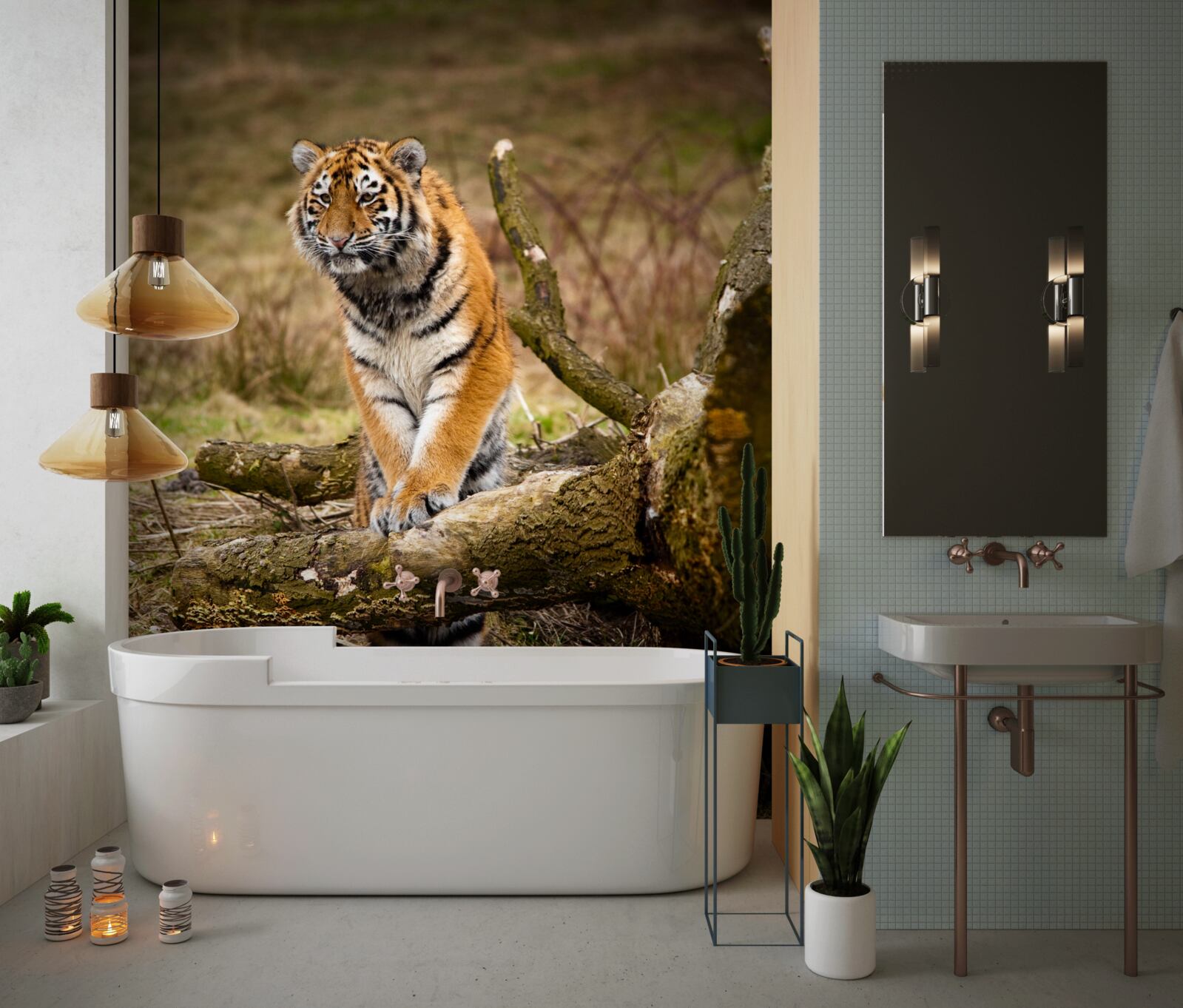 Фотошпалери тигр сидить на гілці і чекає на здобич