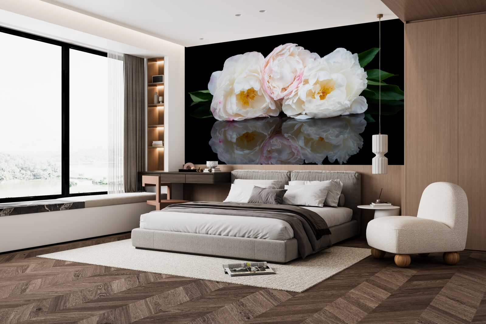 Фотошпалери букет білих квітів, що віддзеркалюється у воді