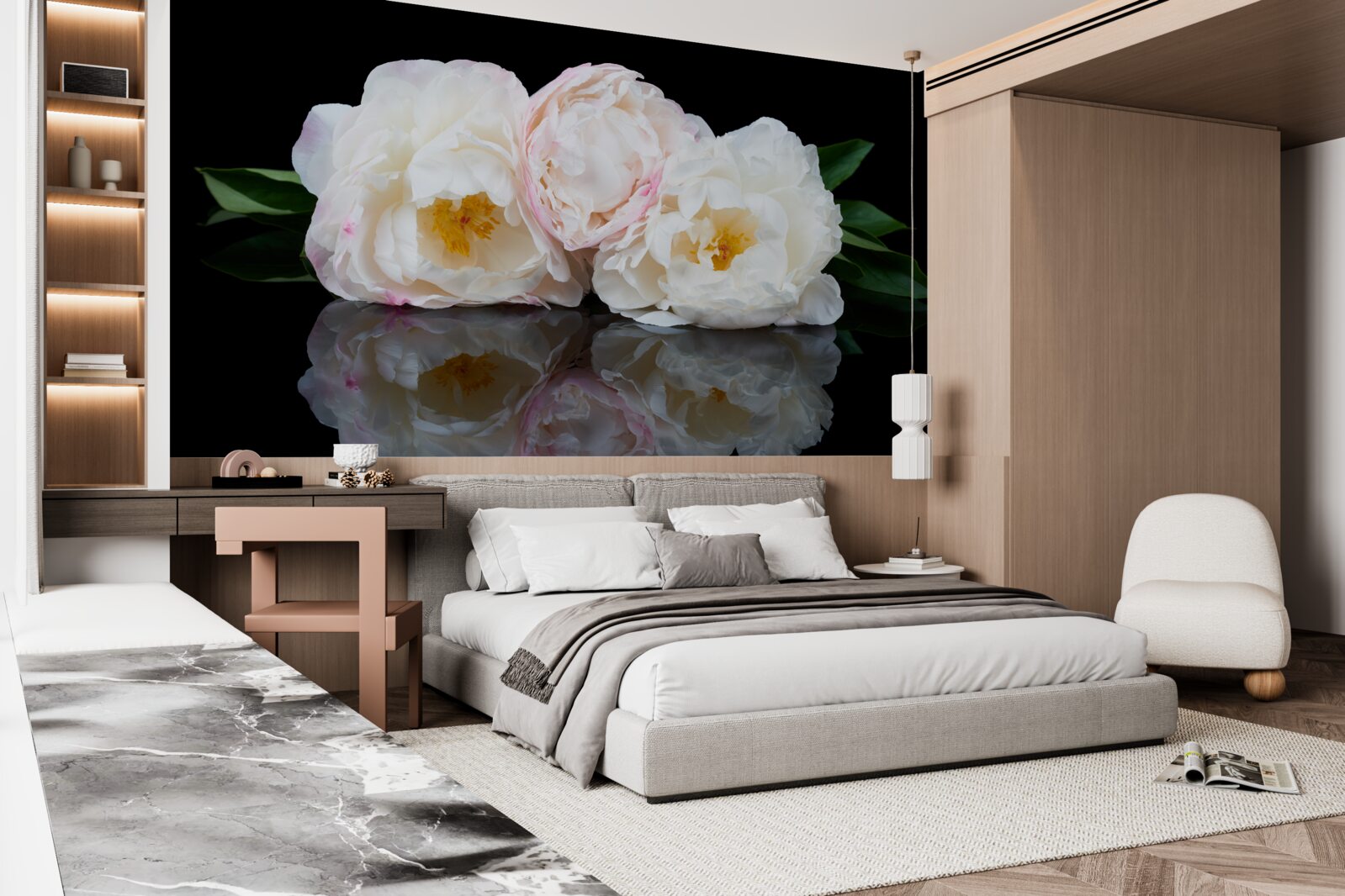 Фотошпалери букет білих квітів, що віддзеркалюється у воді