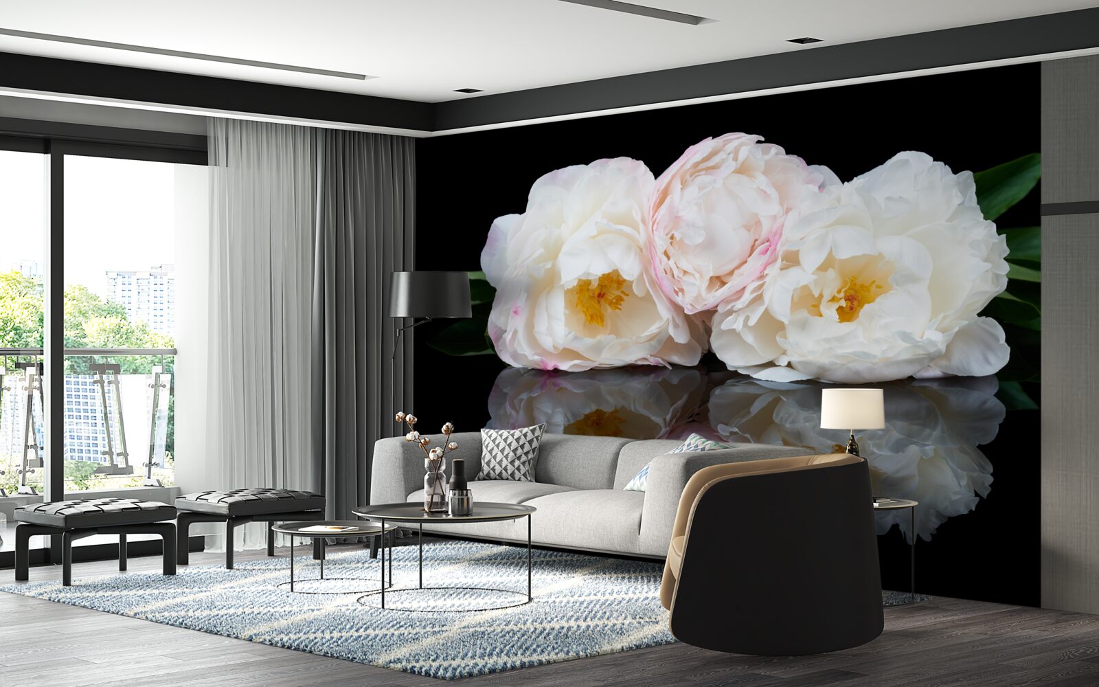 Фотошпалери букет білих квітів, що віддзеркалюється у воді