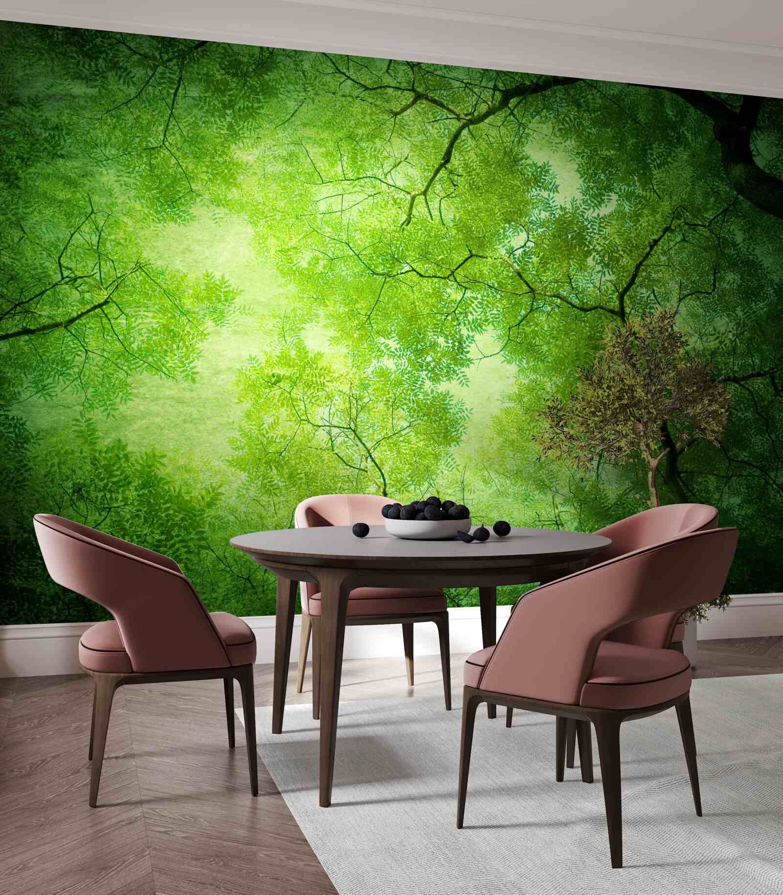 Фотошпалери крізь густу зелень верхівок дерев пробивається промінь сонця