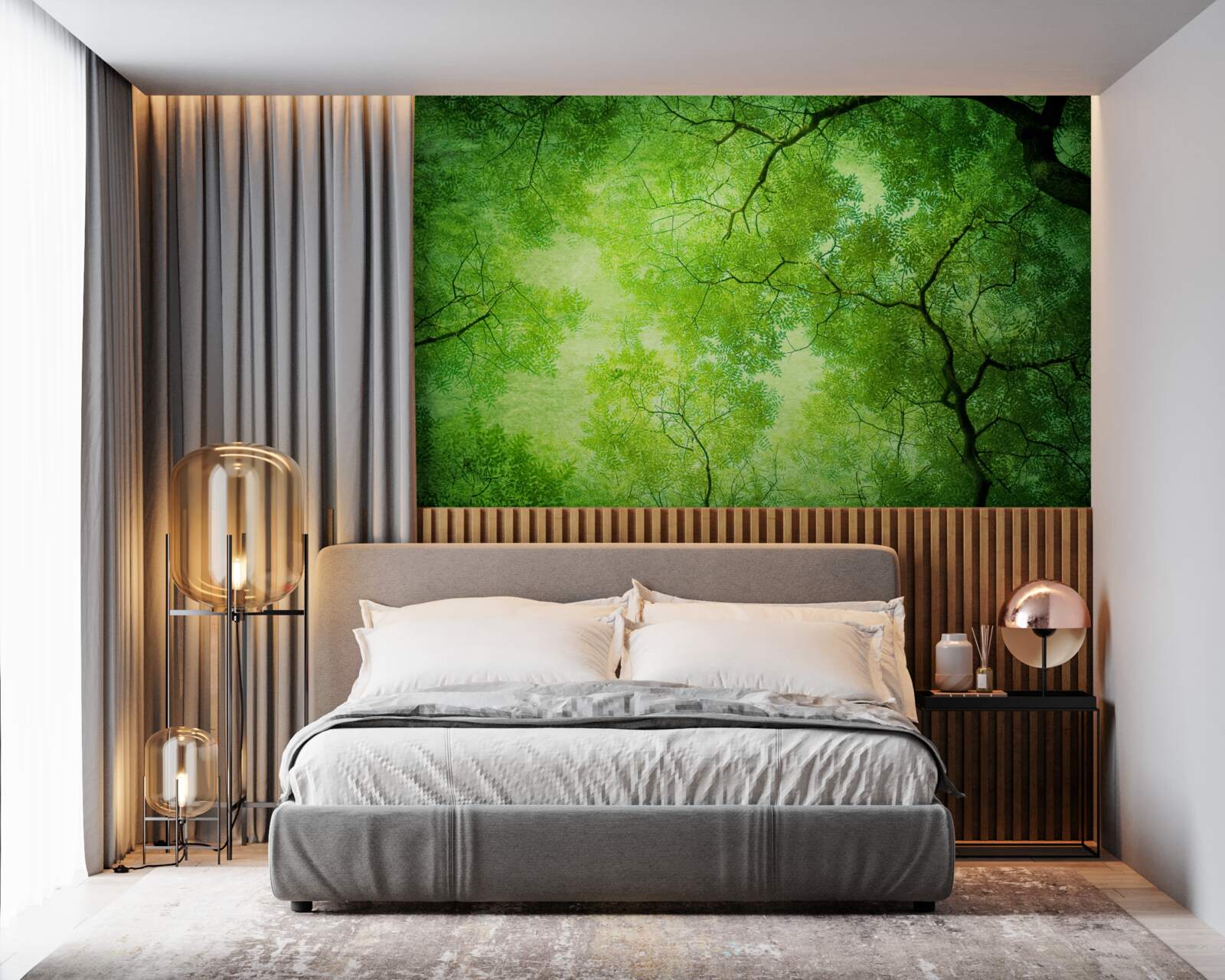 Фотошпалери крізь густу зелень верхівок дерев пробивається промінь сонця