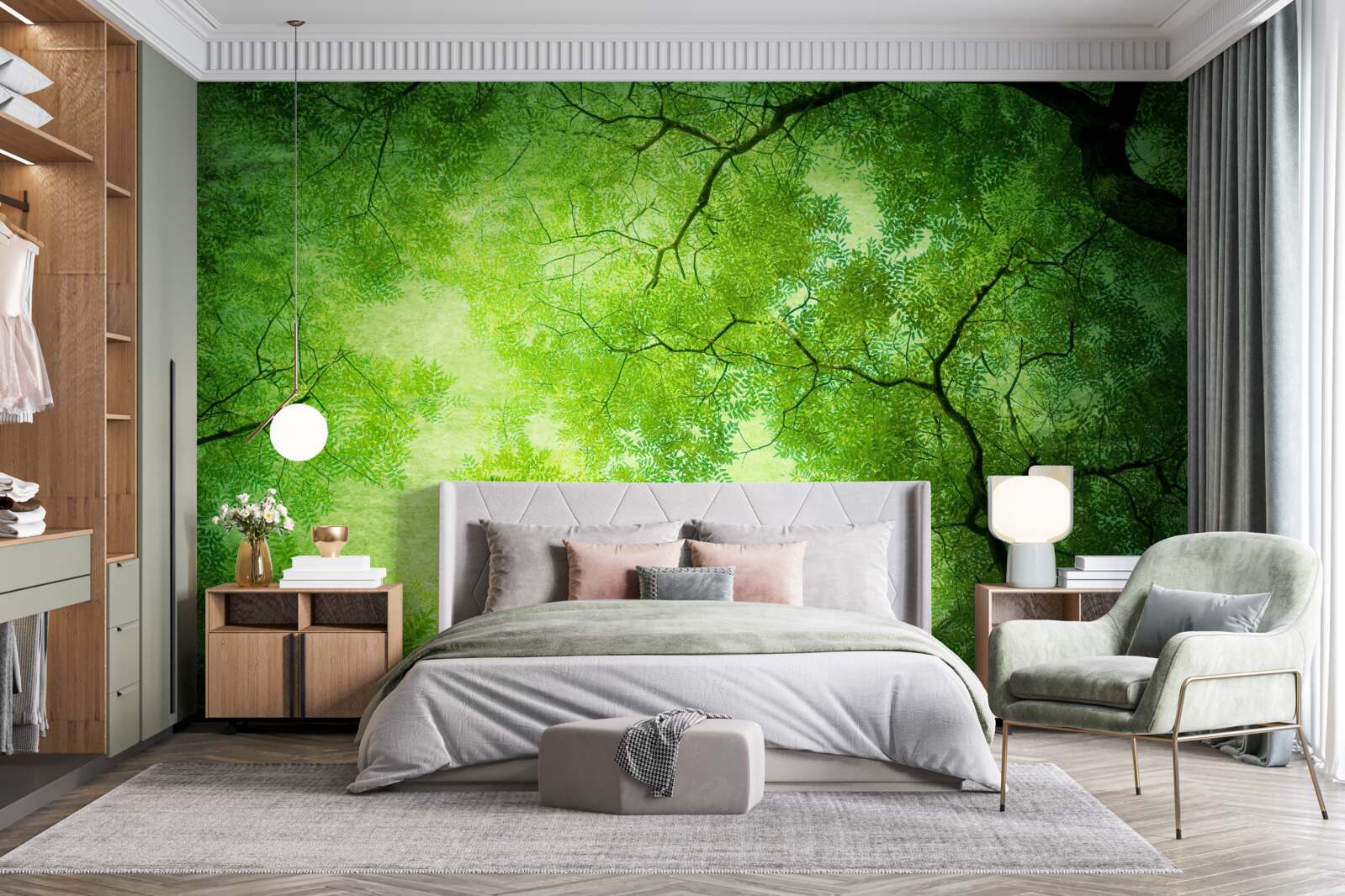 Фотошпалери крізь густу зелень верхівок дерев пробивається промінь сонця