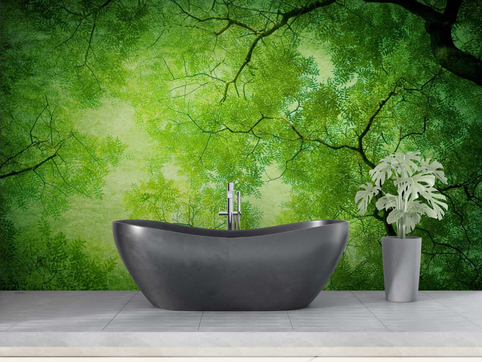 Фотошпалери крізь густу зелень верхівок дерев пробивається промінь сонця