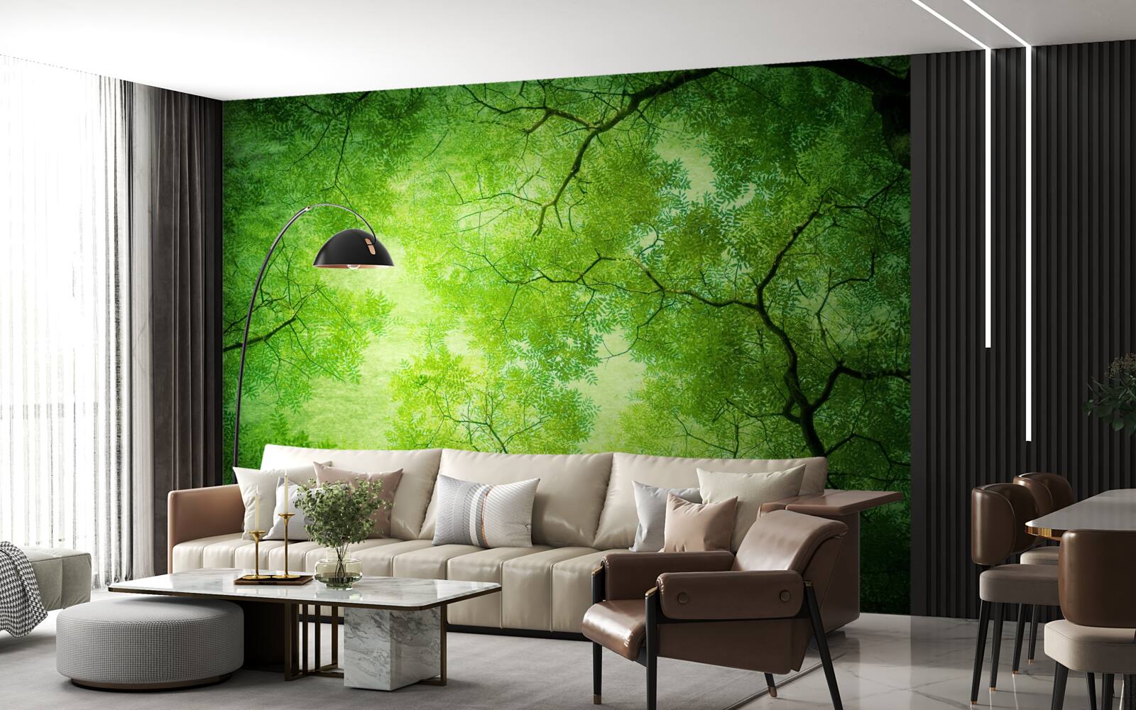 Фотошпалери крізь густу зелень верхівок дерев пробивається промінь сонця