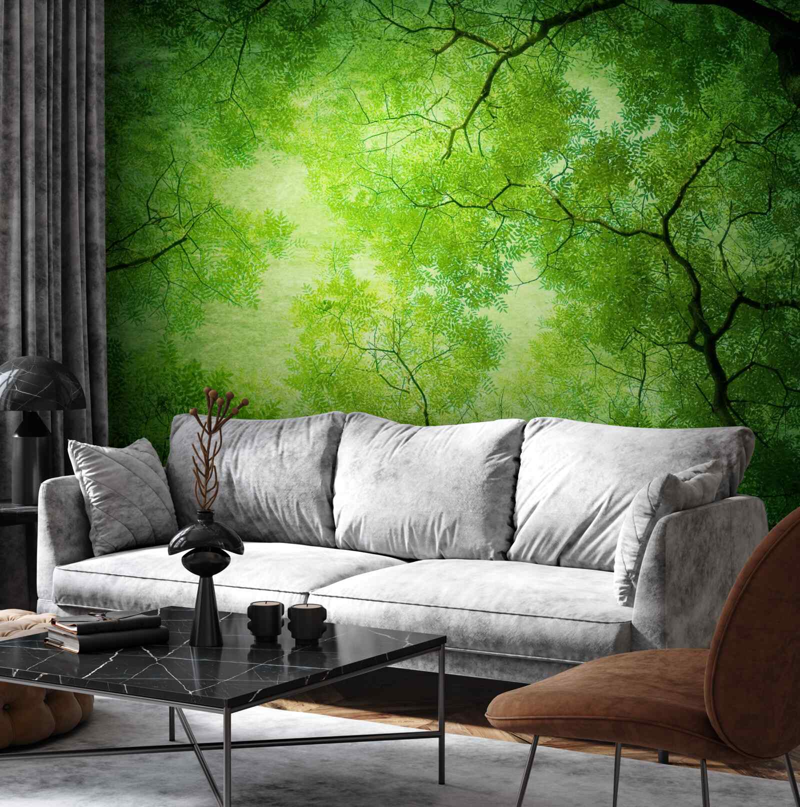 Фотошпалери крізь густу зелень верхівок дерев пробивається промінь сонця