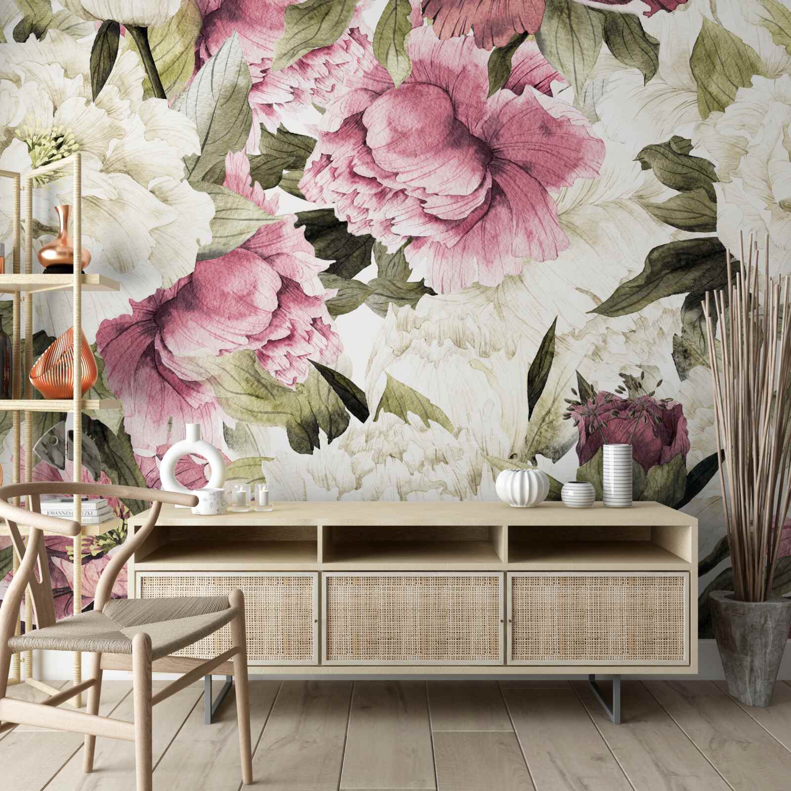 Фотошпалери на гілках дерева розпустилися ніжні білі та рожеві квіти