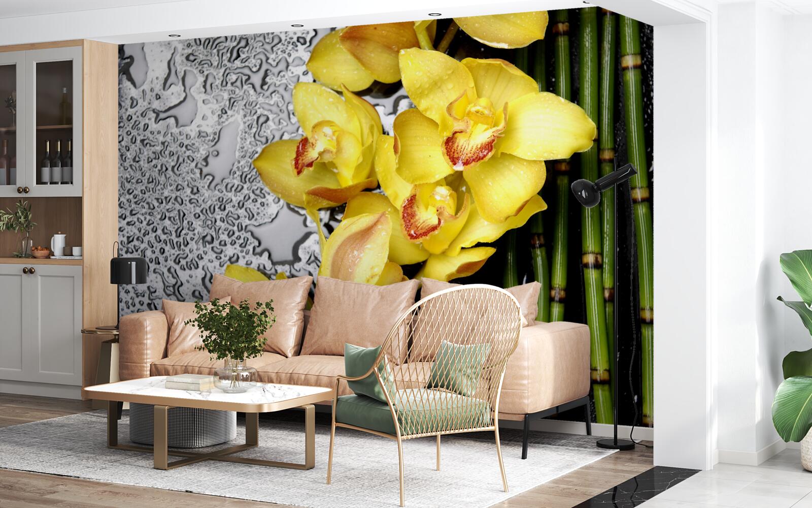 Фотошпалери жовта орхідея на камені поруч з бамбуком