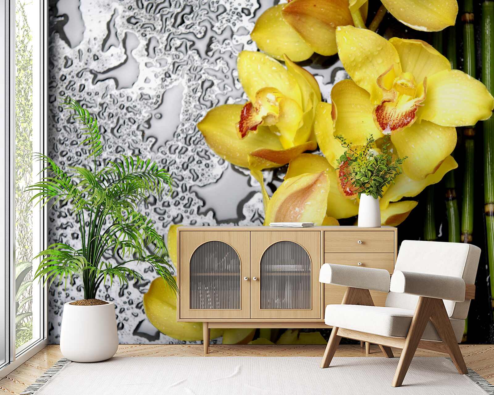 Фотошпалери жовта орхідея на камені поруч з бамбуком