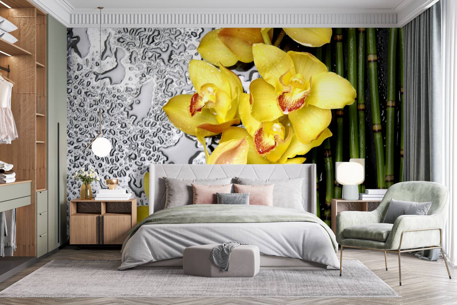 Фотошпалери жовта орхідея на камені поруч з бамбуком