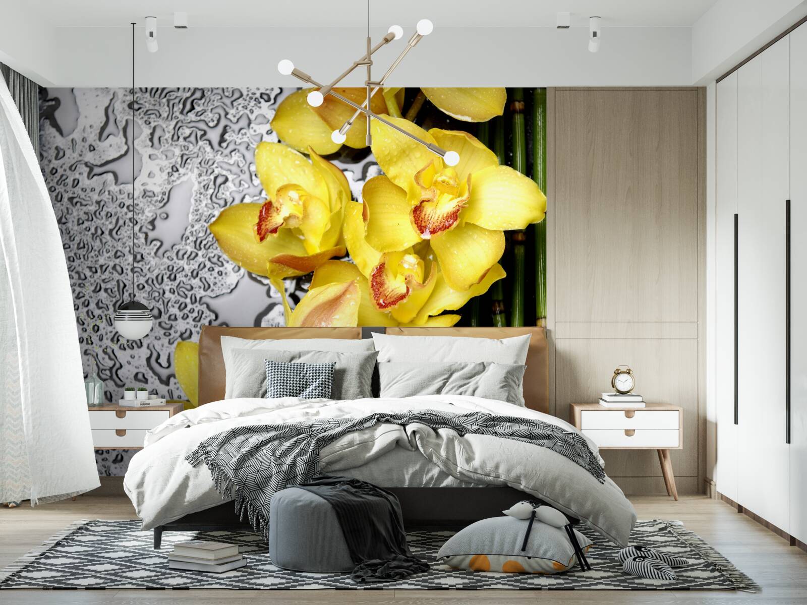 Фотошпалери жовта орхідея на камені поруч з бамбуком