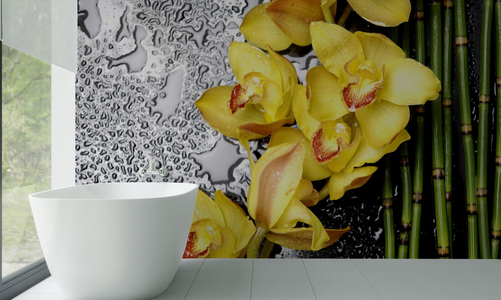 Фотошпалери жовта орхідея на камені поруч з бамбуком