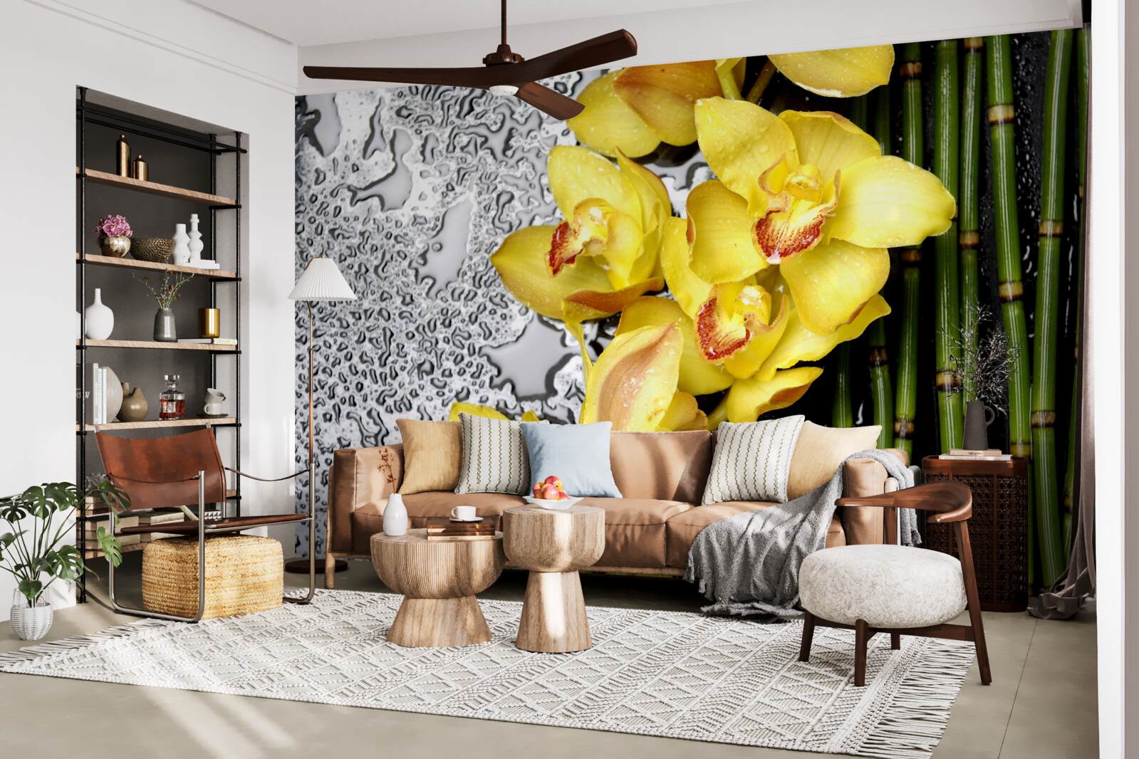 Фотошпалери жовта орхідея на камені поруч з бамбуком