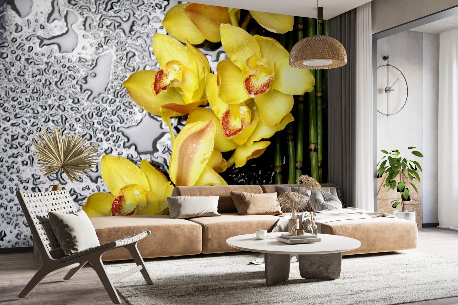 Фотошпалери жовта орхідея на камені поруч з бамбуком