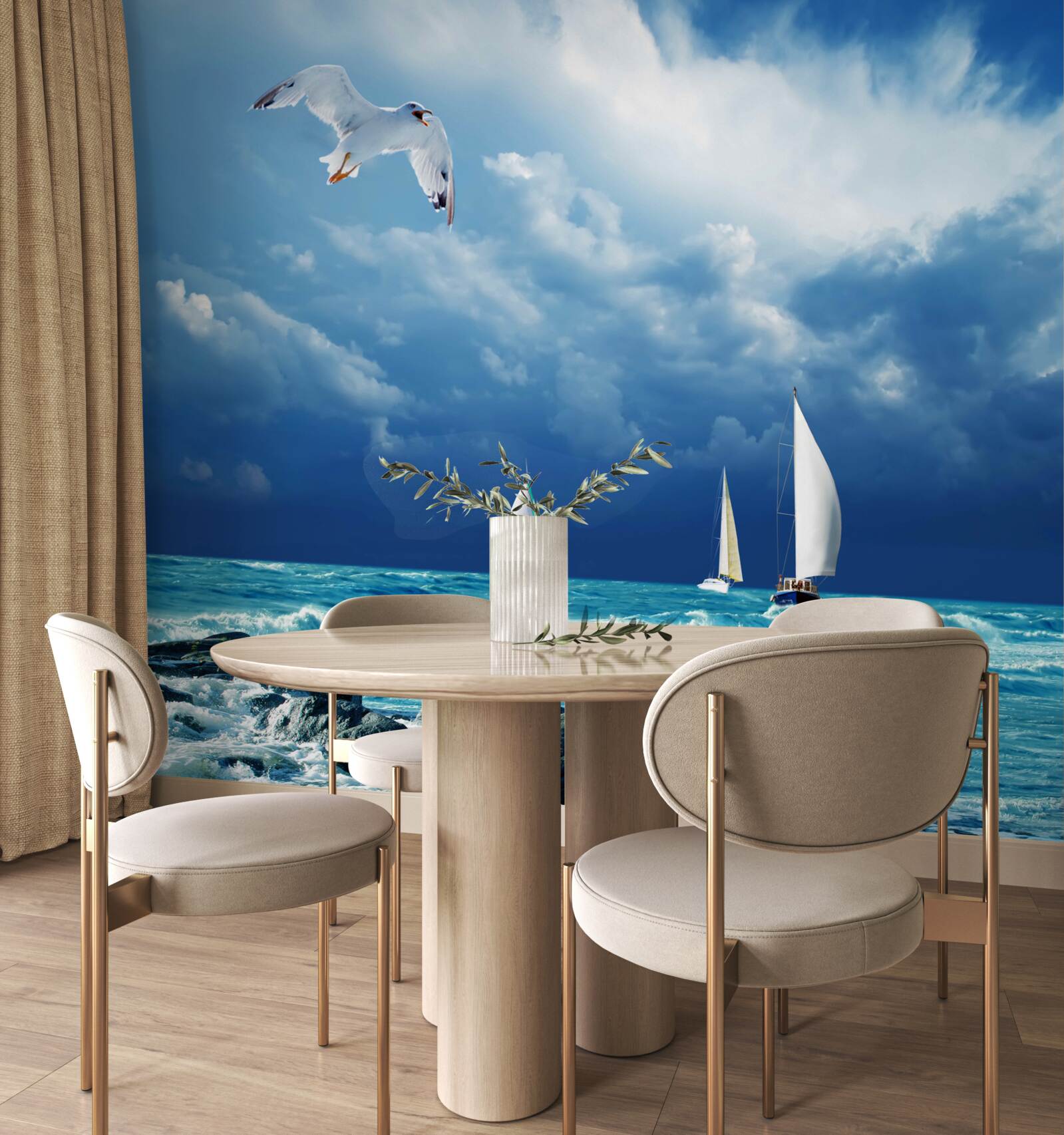 Фотошпалери яхти гойдаються на бурхливих хвилях біля берега