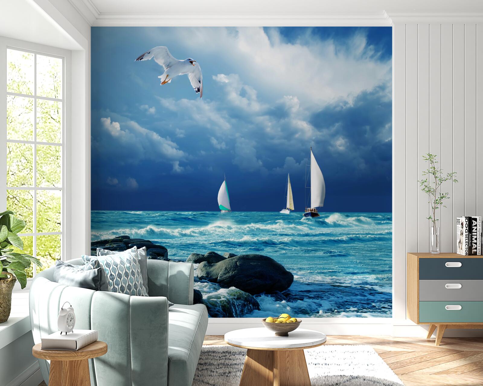 Фотошпалери яхти гойдаються на бурхливих хвилях біля берега