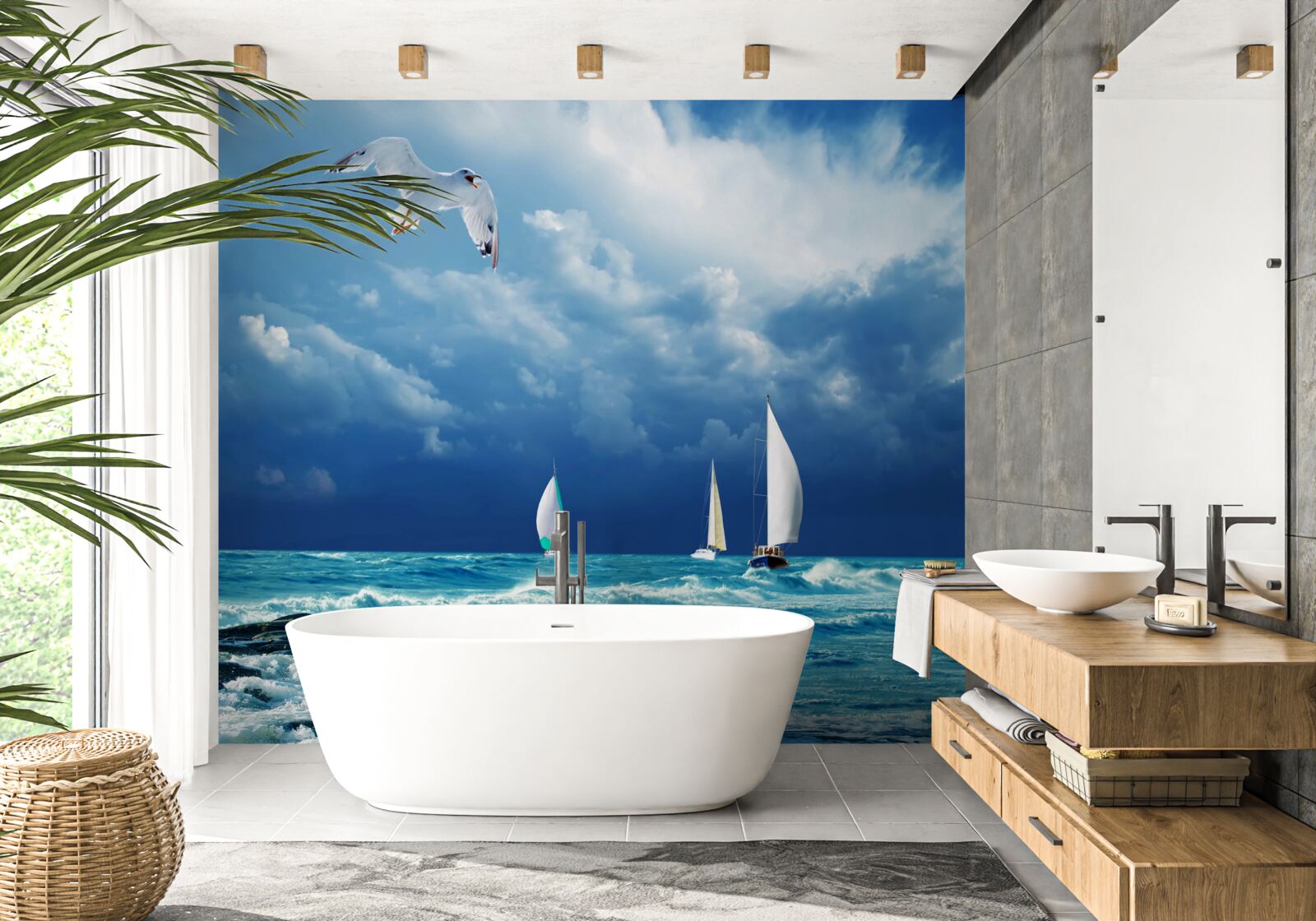 Фотошпалери яхти гойдаються на бурхливих хвилях біля берега