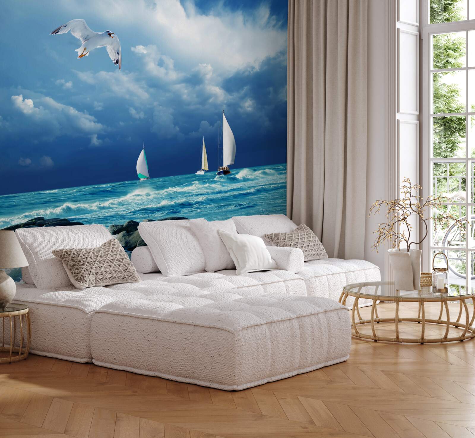 Фотошпалери яхти гойдаються на бурхливих хвилях біля берега