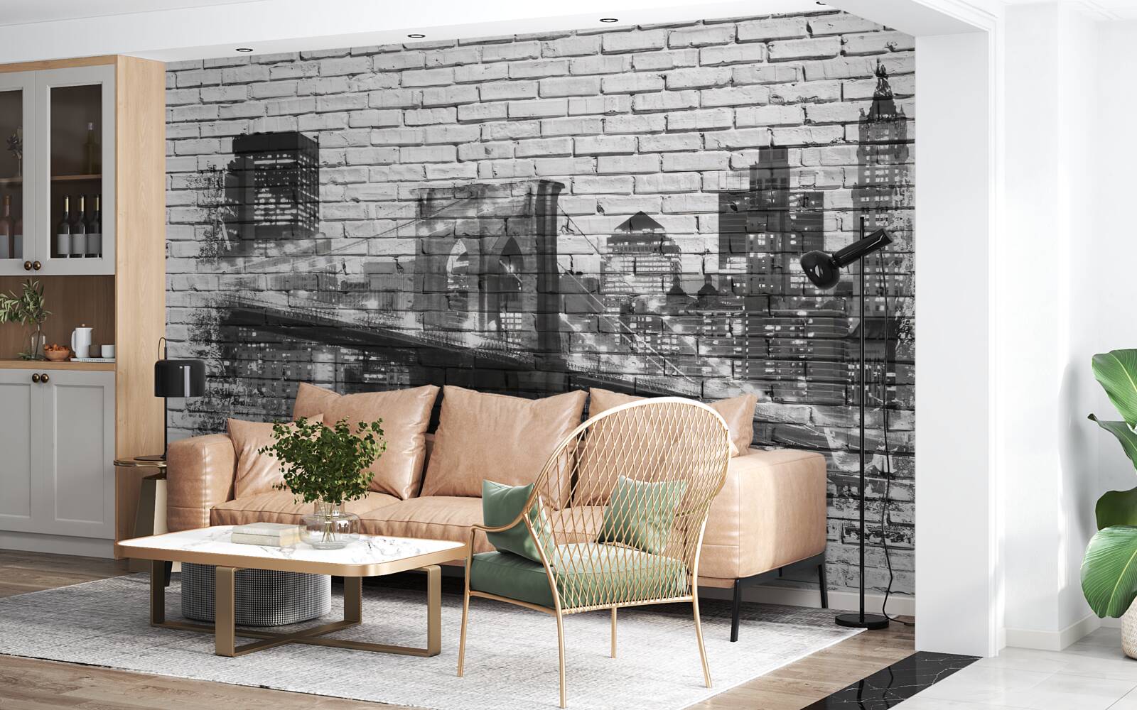 Фотошпалери Манхеттенський міст з міським пейзажем на цеглі