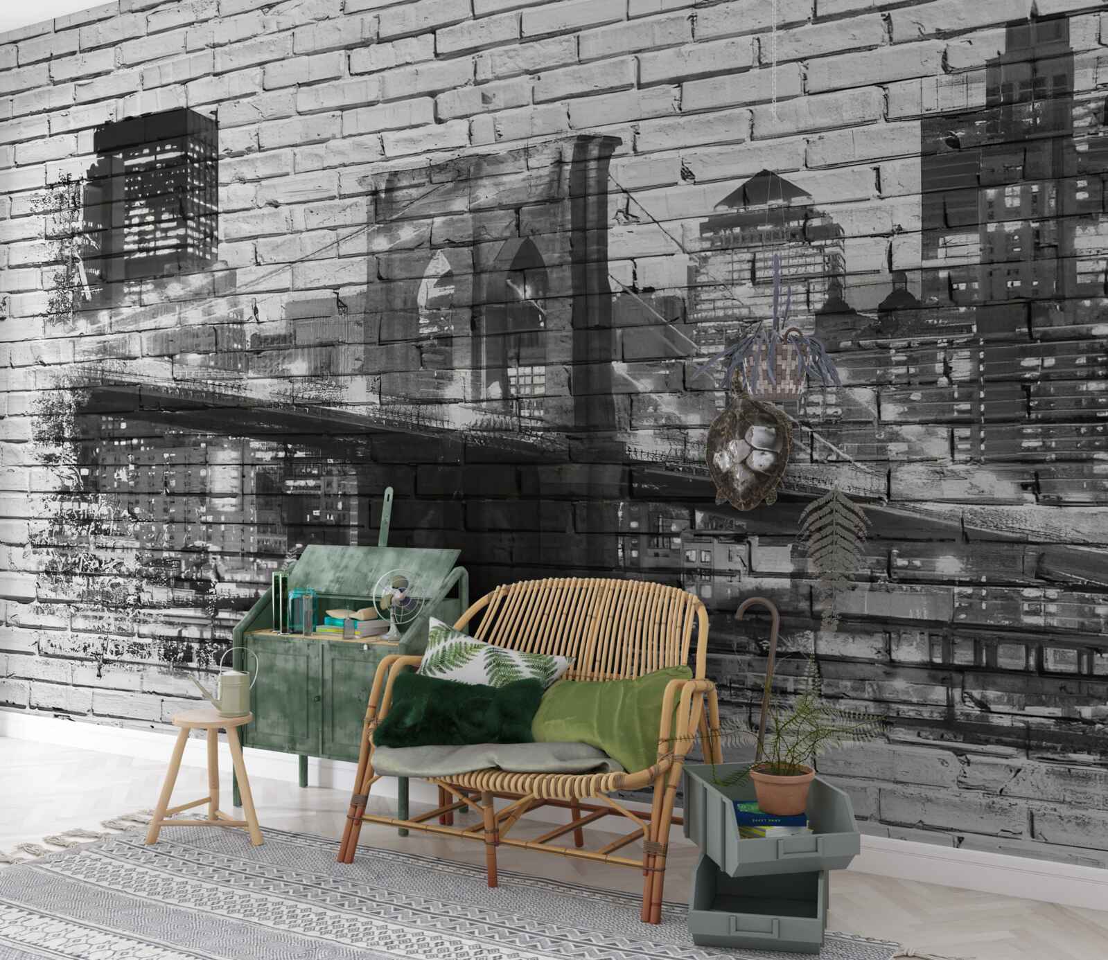 Фотошпалери Манхеттенський міст з міським пейзажем на цеглі