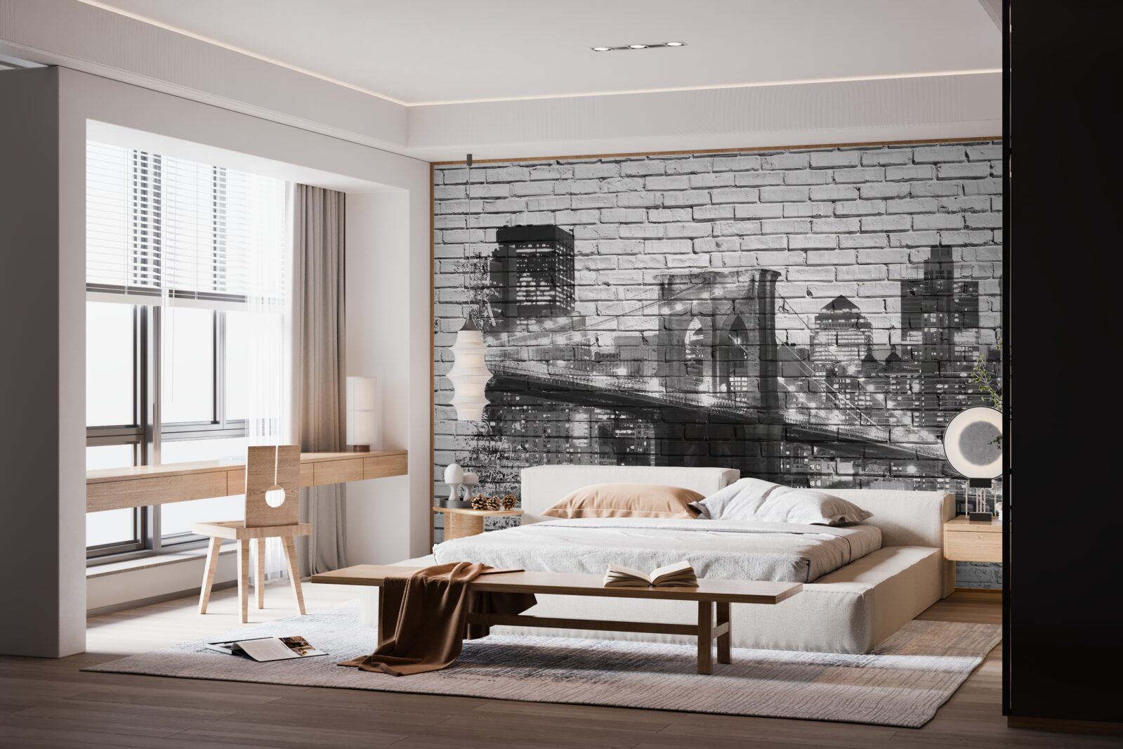 Фотошпалери Манхеттенський міст з міським пейзажем на цеглі