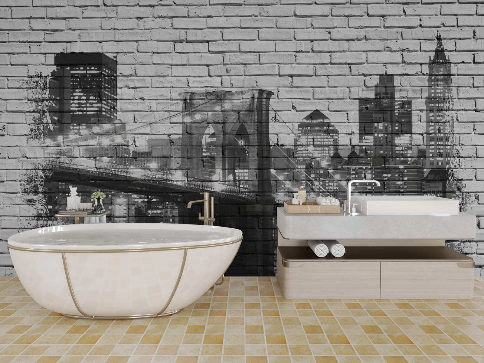 Фотошпалери Манхеттенський міст з міським пейзажем на цеглі