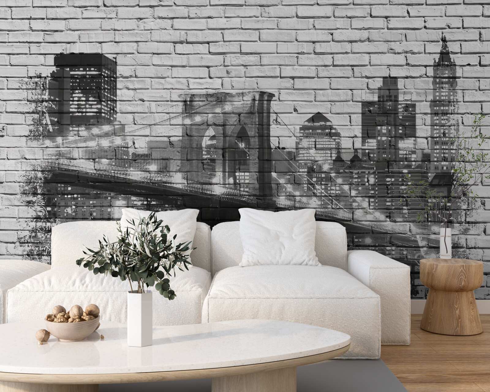 Фотошпалери Манхеттенський міст з міським пейзажем на цеглі