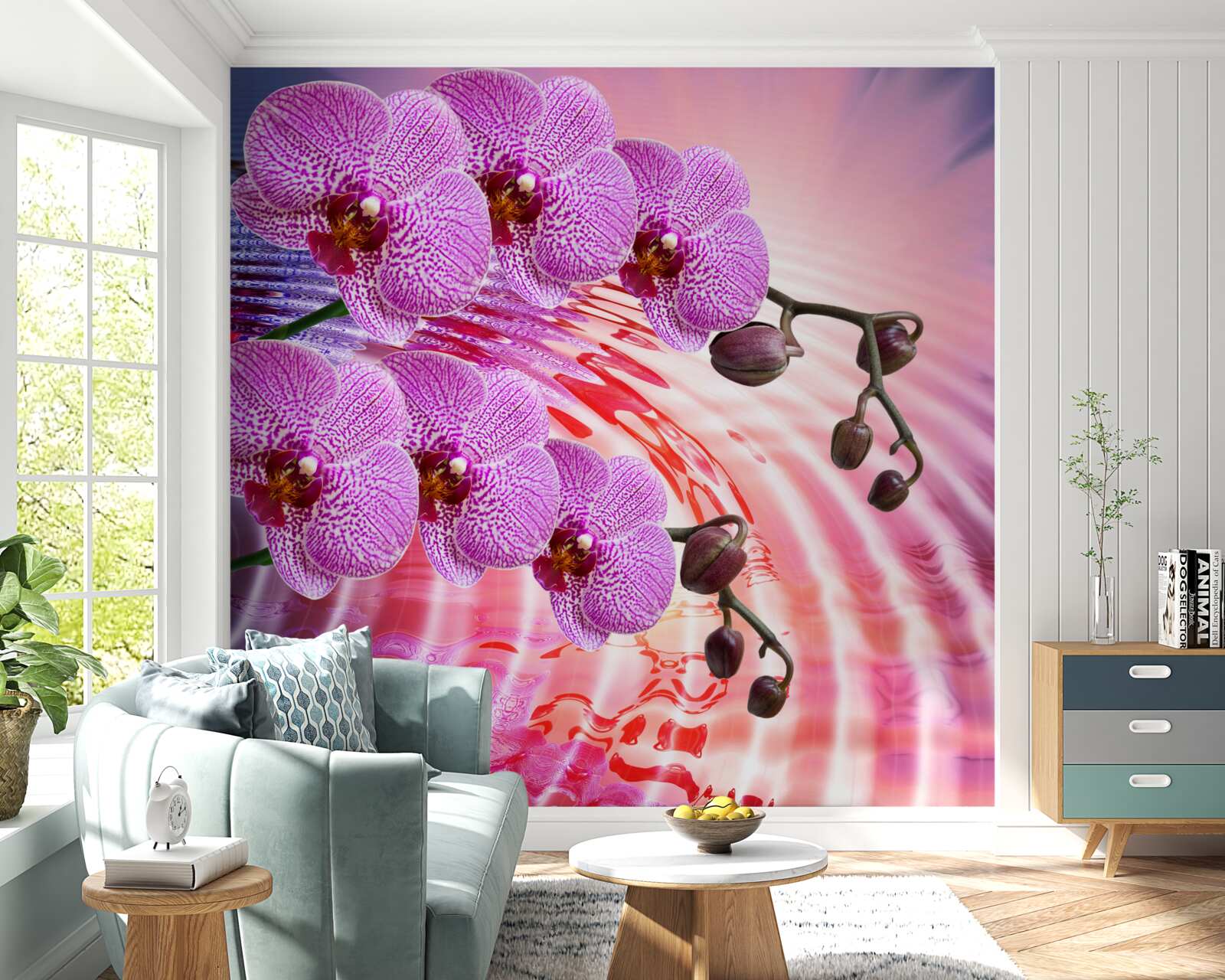 Фотошпалери відображення леопардової орхідеї з бузковими гілками