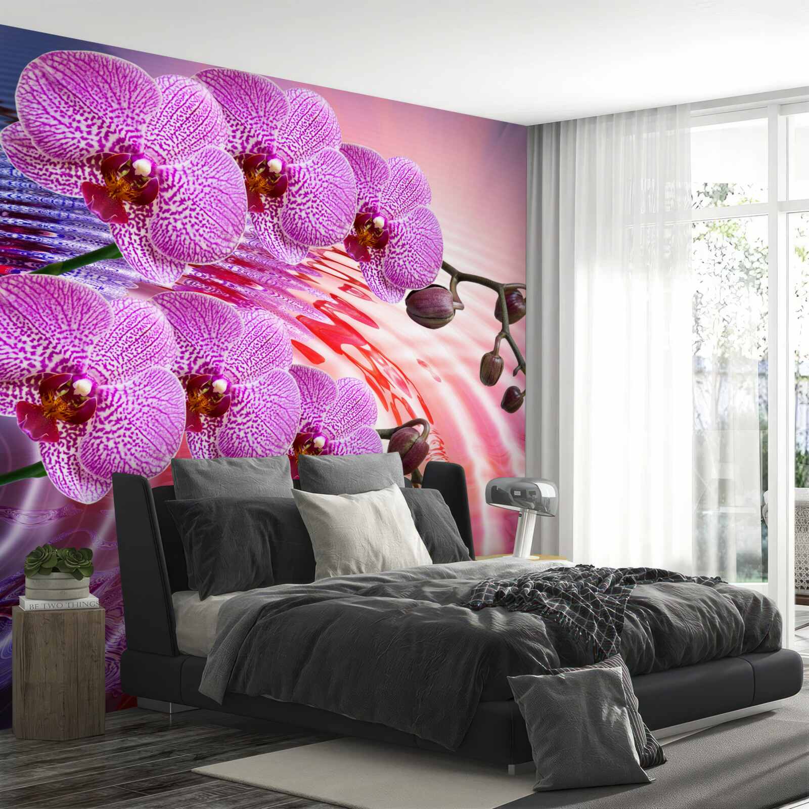 Фотошпалери відображення леопардової орхідеї з бузковими гілками