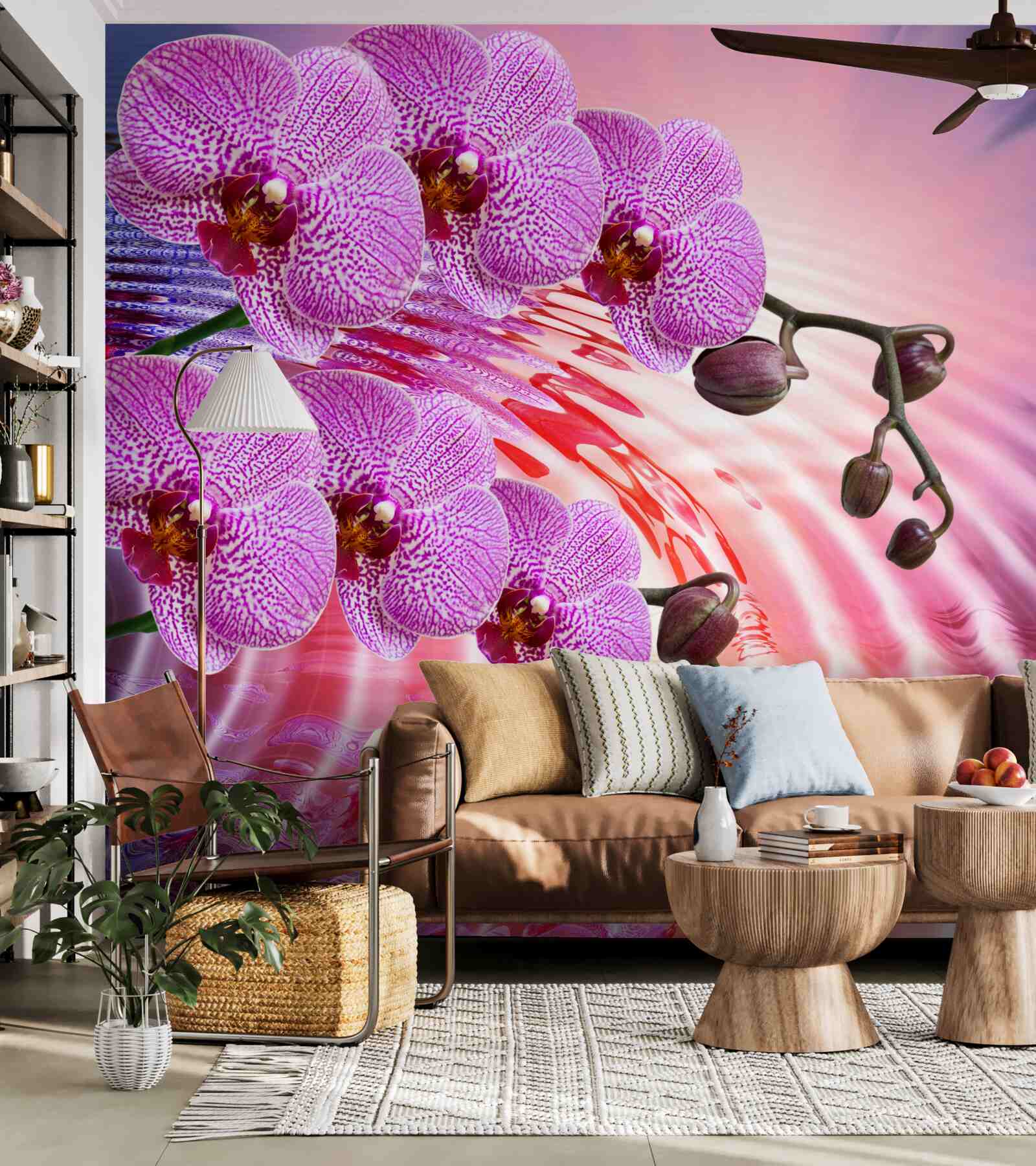 Фотошпалери відображення леопардової орхідеї з бузковими гілками