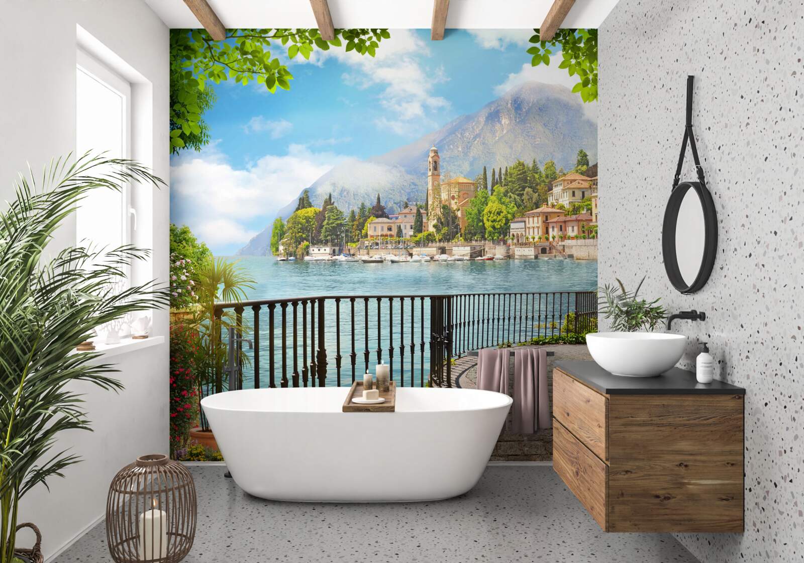 Фотошпалери набережна з панорамним видом на історичне місто та гірські пейзажі