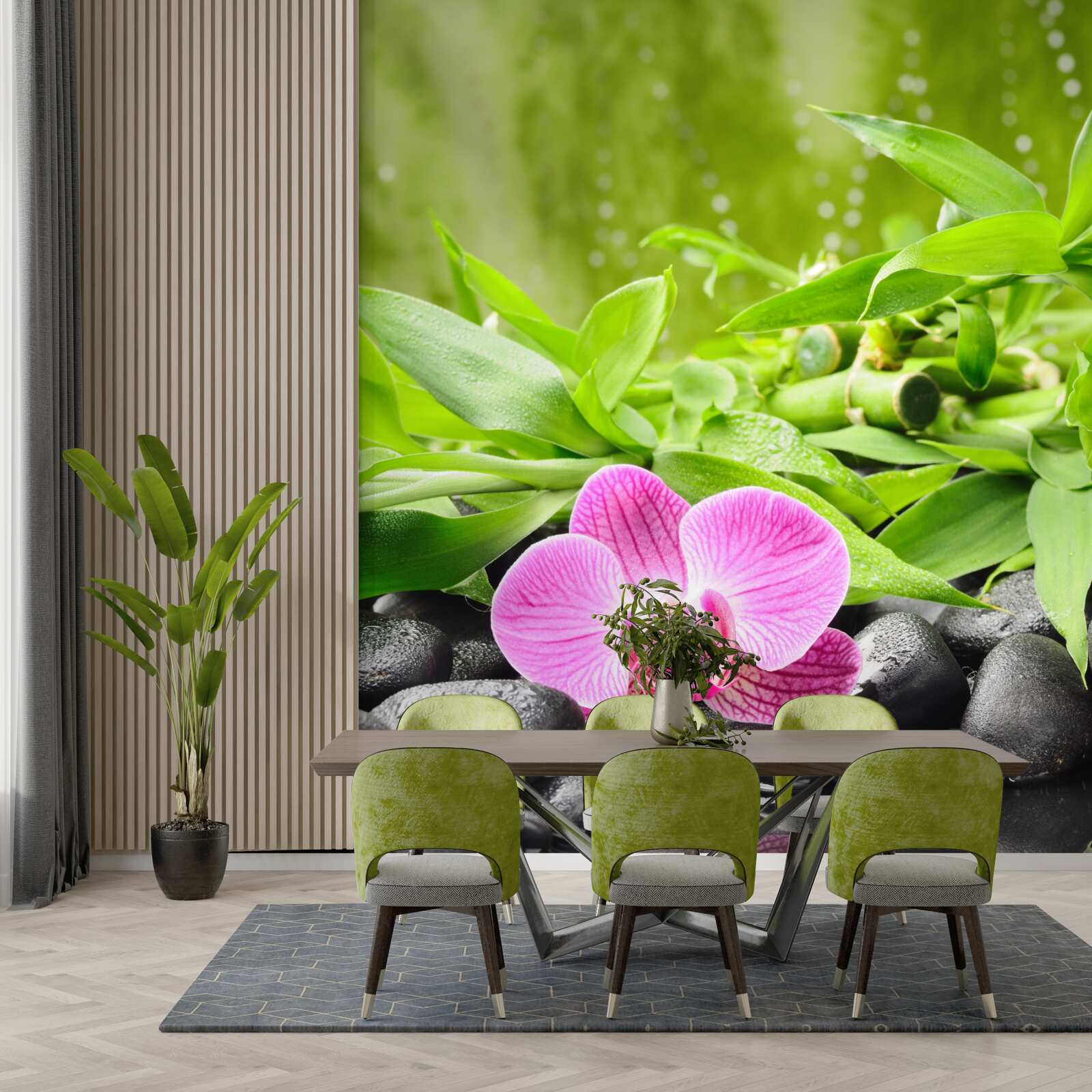 Фотошпалери орхідея витончено розміщена на темному камені біля води