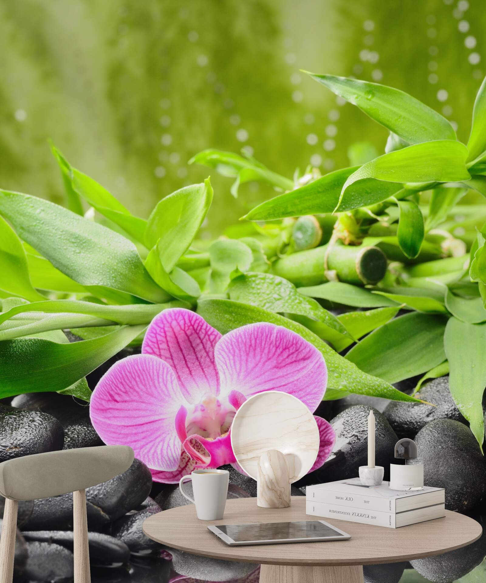 Фотошпалери орхідея витончено розміщена на темному камені біля води