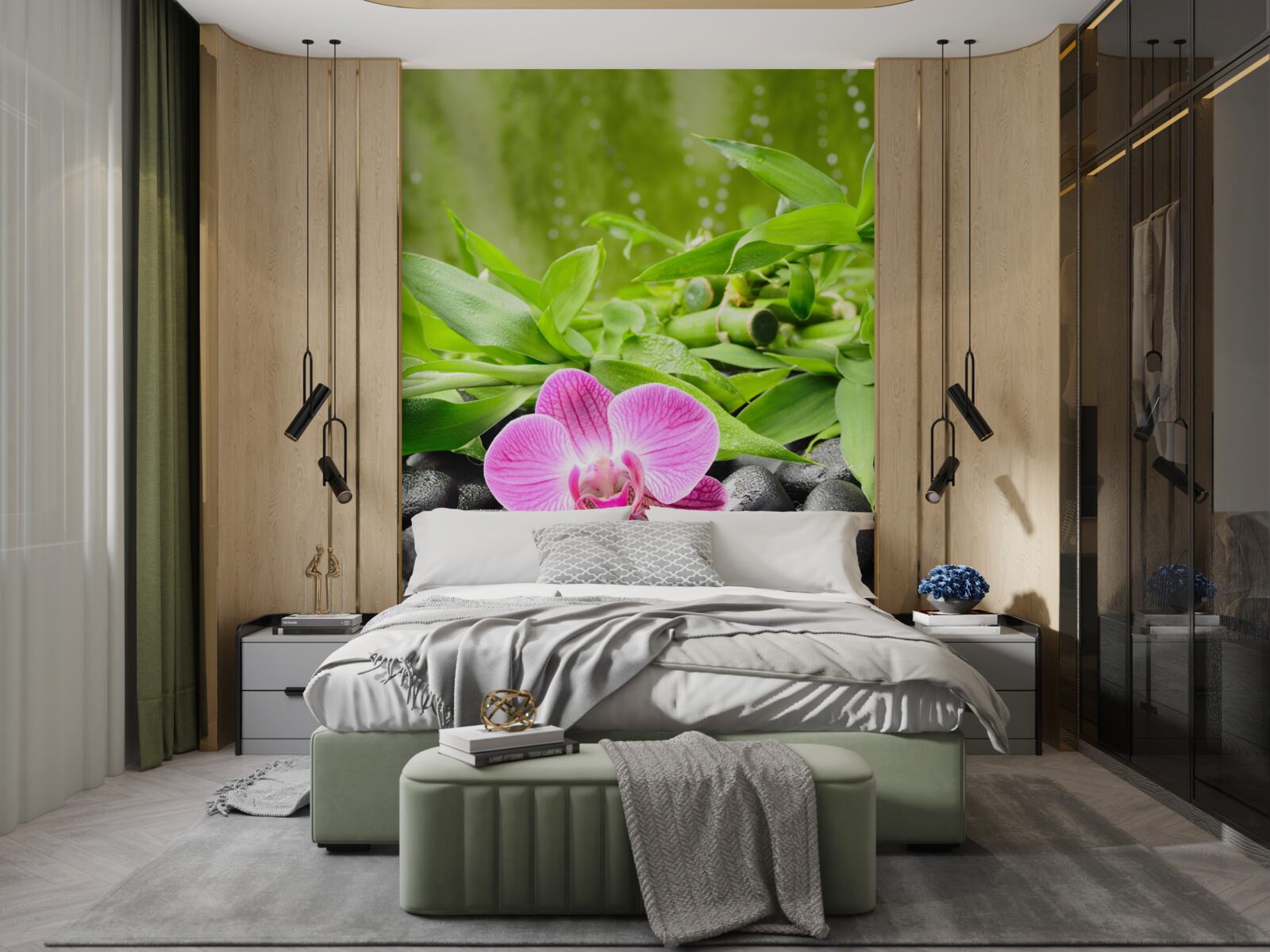 Фотошпалери орхідея витончено розміщена на темному камені біля води