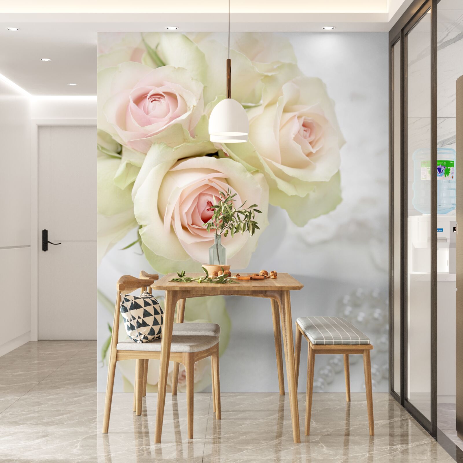 Фотошпалери композиція з ніжних ніжно-рожевих троянд і перлин