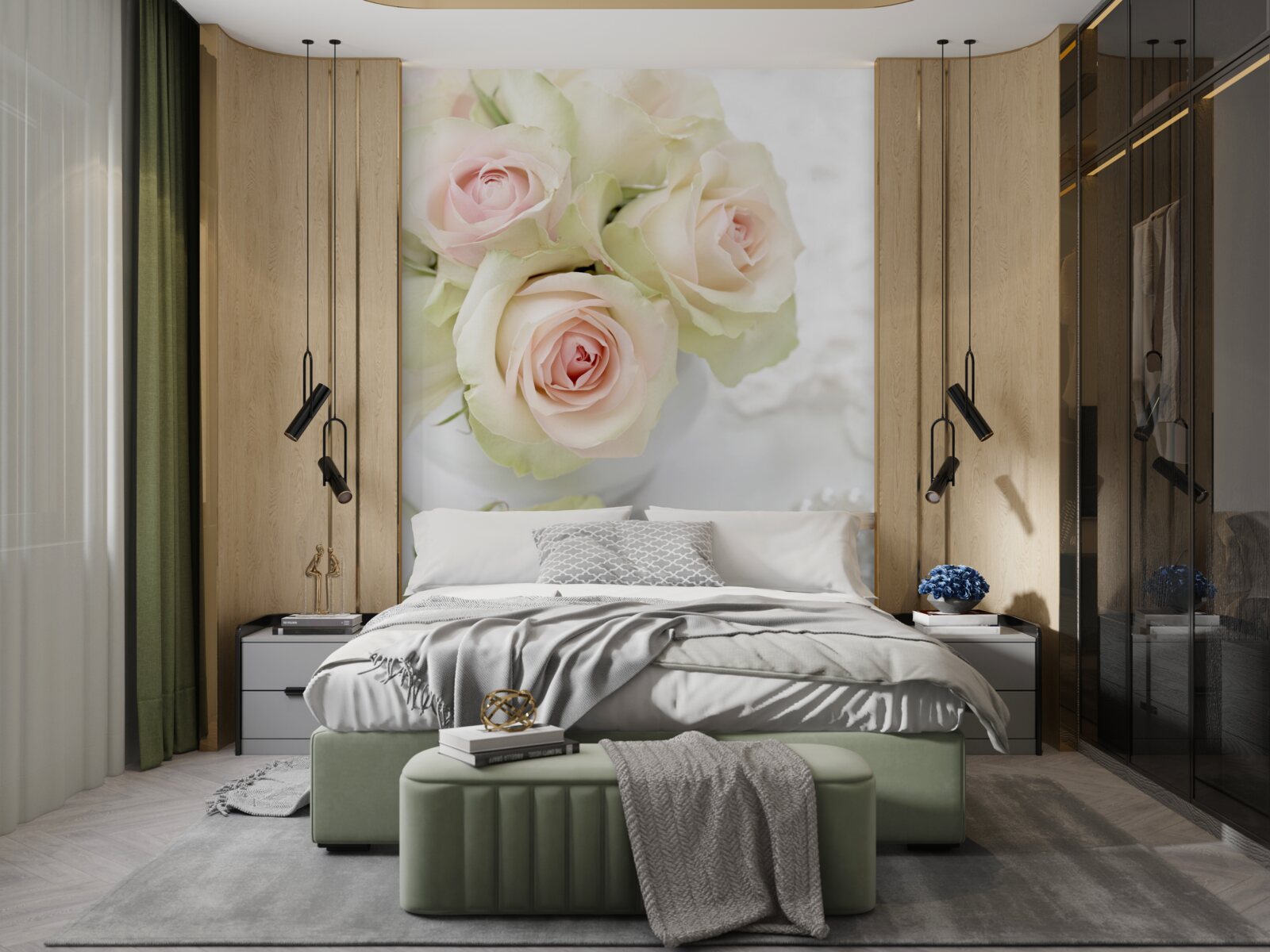 Фотошпалери композиція з ніжних ніжно-рожевих троянд і перлин