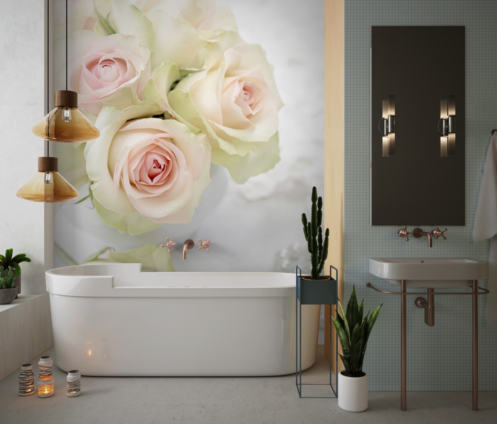 Фотошпалери композиція з ніжних ніжно-рожевих троянд і перлин