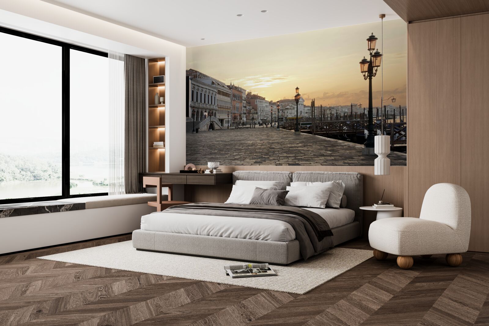 Фотошпалери покинута набережна в очікуванні заходу сонця