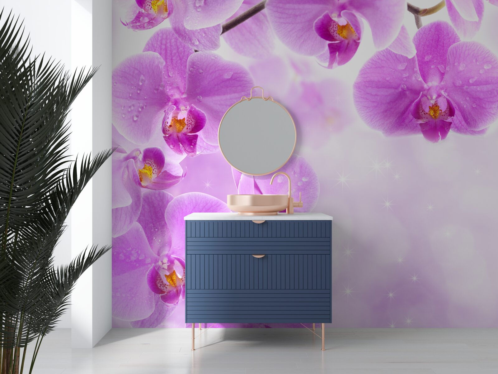 Фотошпалери на гілці зацвіли великі фіолетові орхідеї