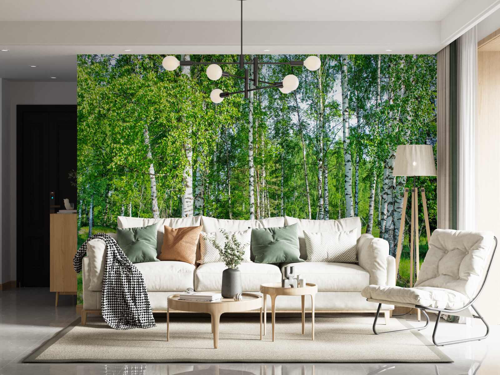 Фотошпалери у літньому лісі ростуть берези із зеленим листям