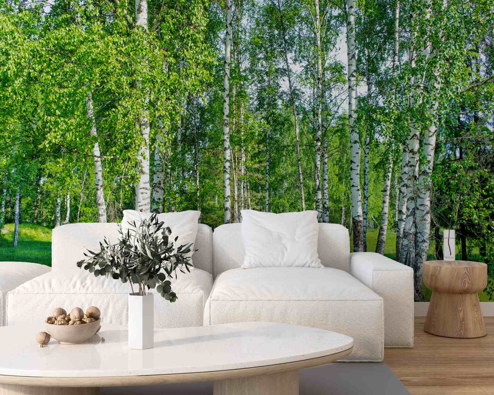 Фотошпалери у літньому лісі ростуть берези із зеленим листям