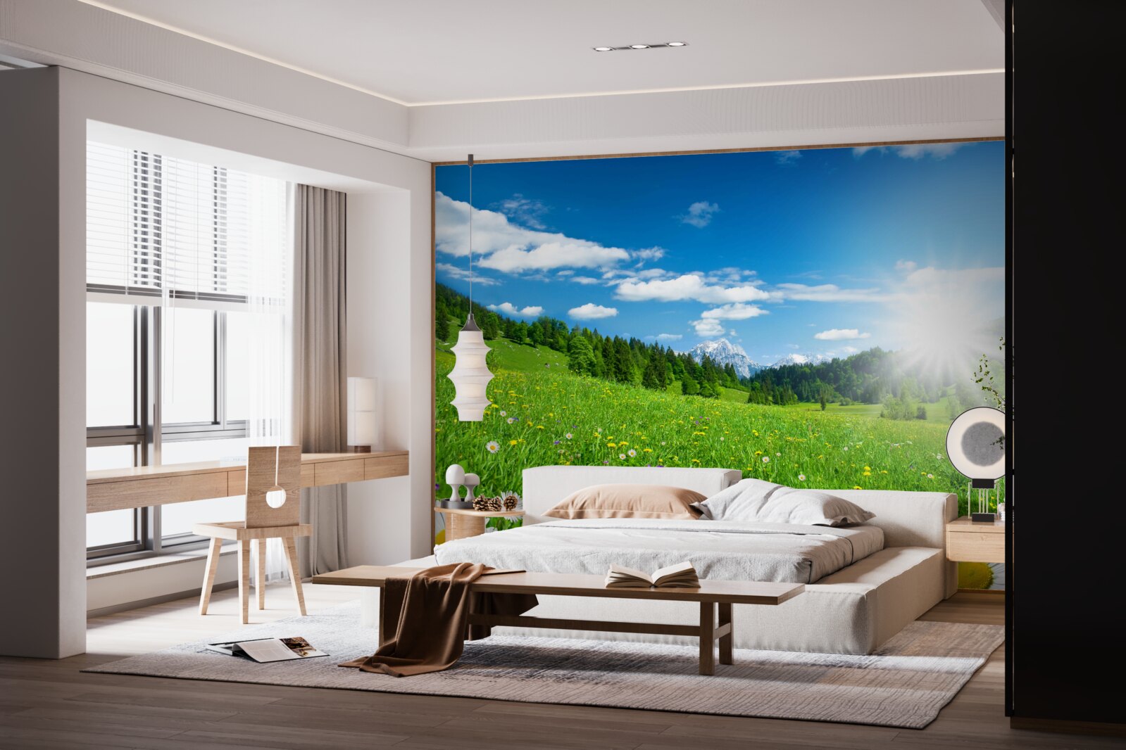 Фотошпалери яскравий ранок над квітучим лугом і ромашками