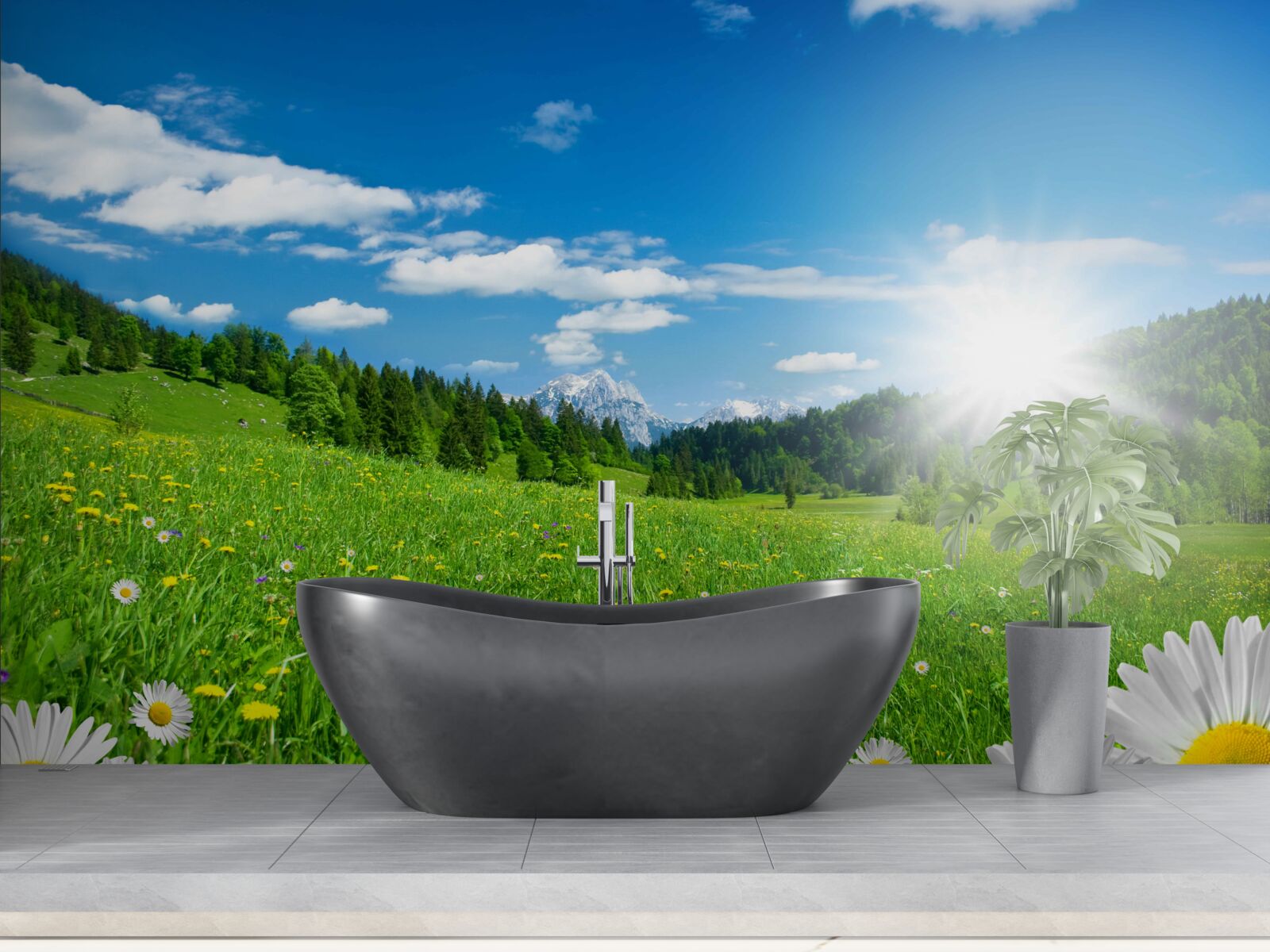 Фотошпалери яскравий ранок над квітучим лугом і ромашками