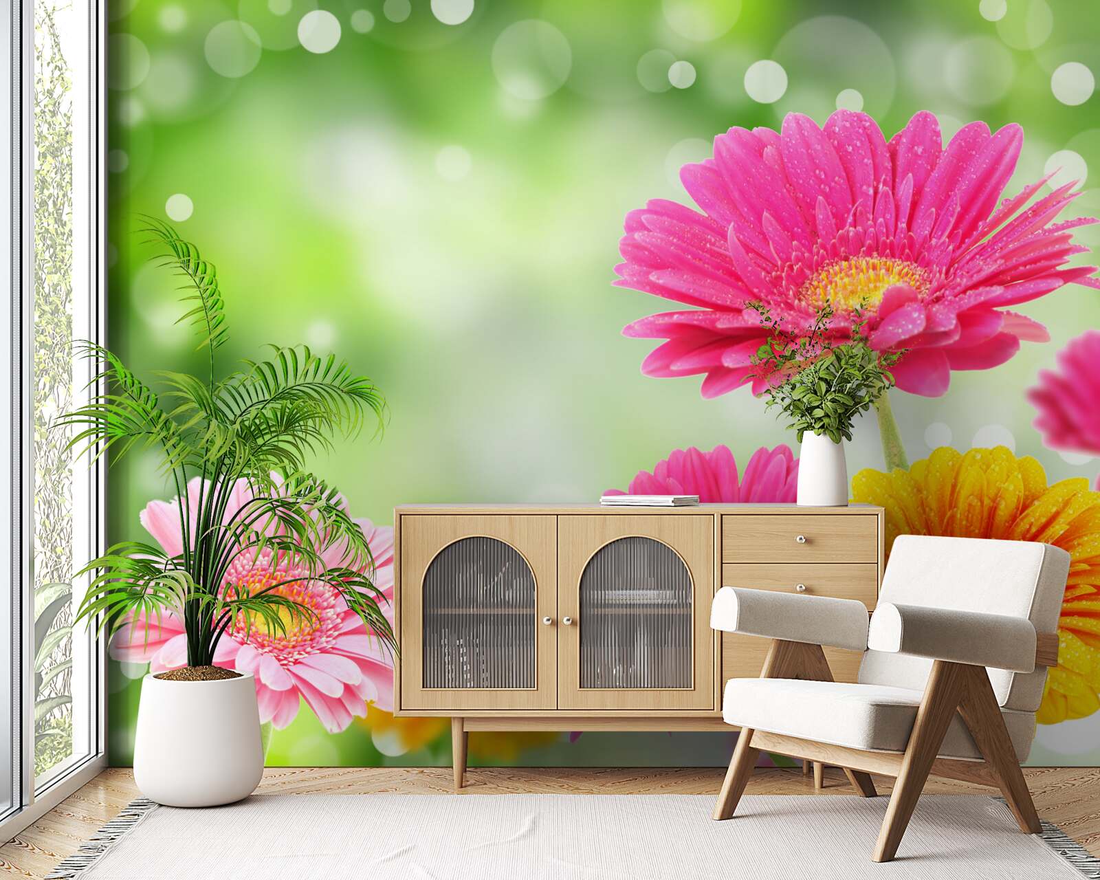 Фотошпалери гербери сяють під краплями дощу