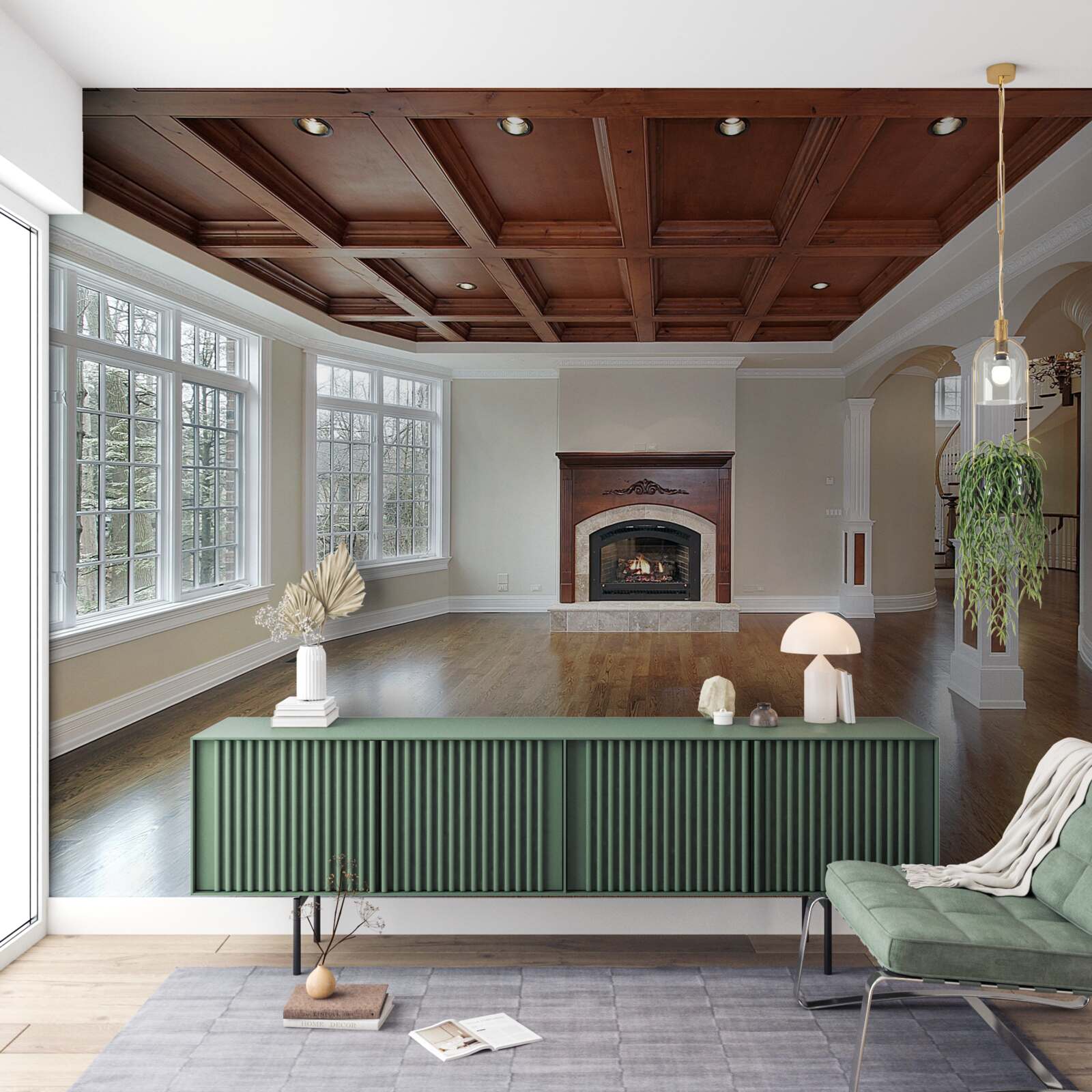 Фотошпалери інтер'єр з елегантним поєднанням білого каменю та дерева