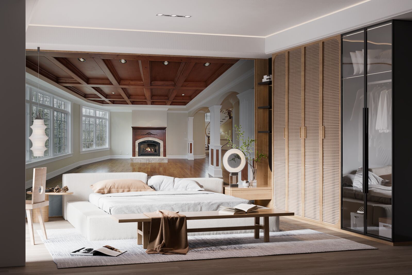 Фотошпалери інтер'єр з елегантним поєднанням білого каменю та дерева