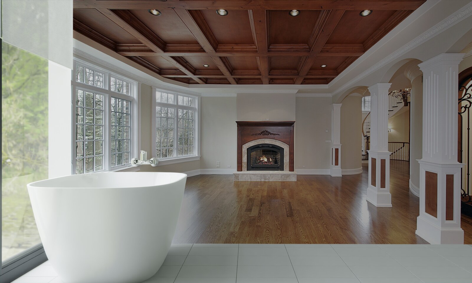 Фотошпалери інтер'єр з елегантним поєднанням білого каменю та дерева