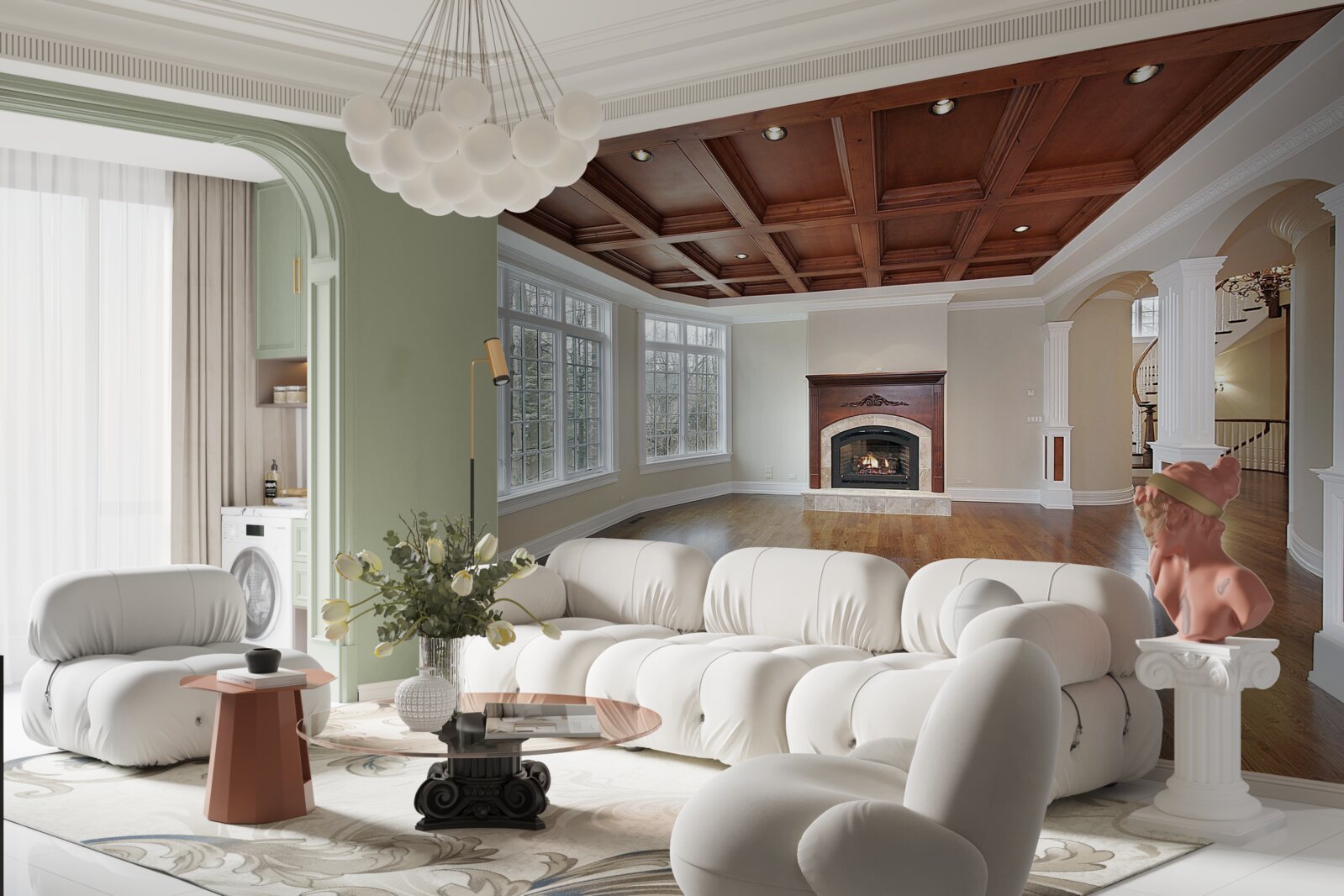 Фотошпалери інтер'єр з елегантним поєднанням білого каменю та дерева